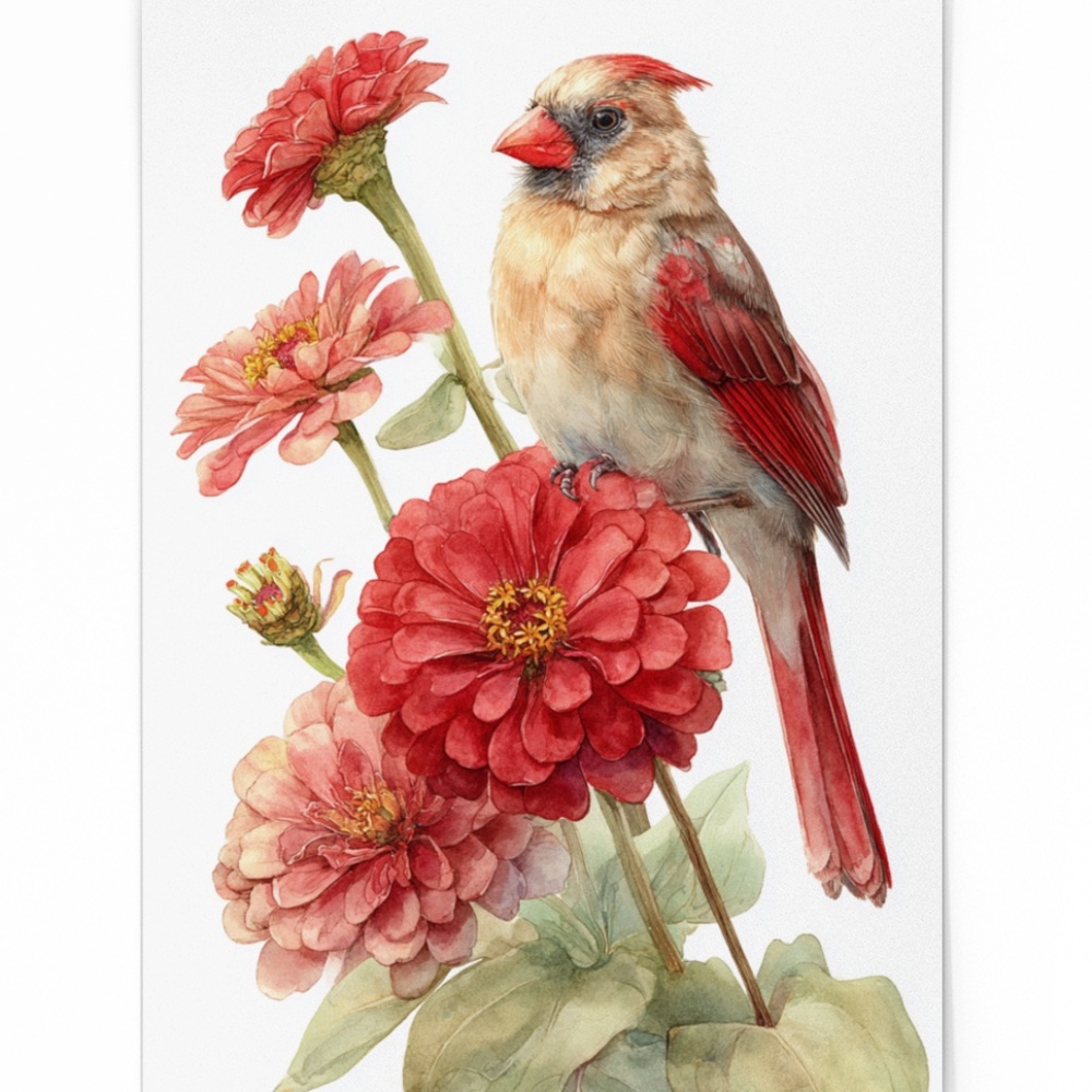 Watercolor Female Cardinal Bird with Zinnia Flowers Wall Art Print Unframed - Picture 2 of 6